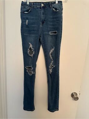 SHEIN Dark Blue Ripped Skinny Jeans